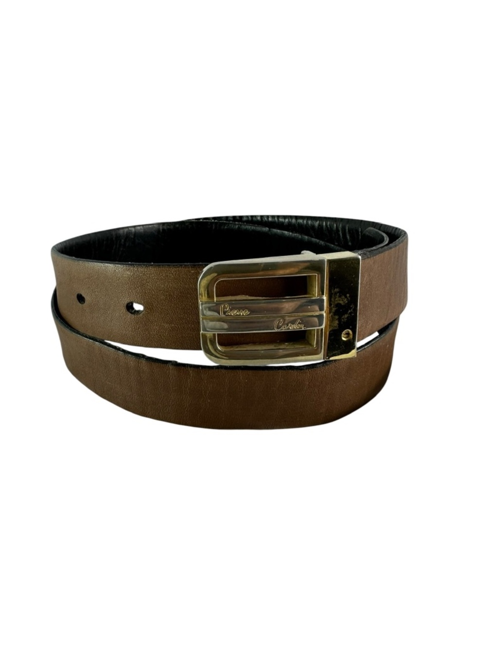 Vintage PIERRE CARDIN Brown & Black Leather Gold Logo Buckle Reversible Belt 36